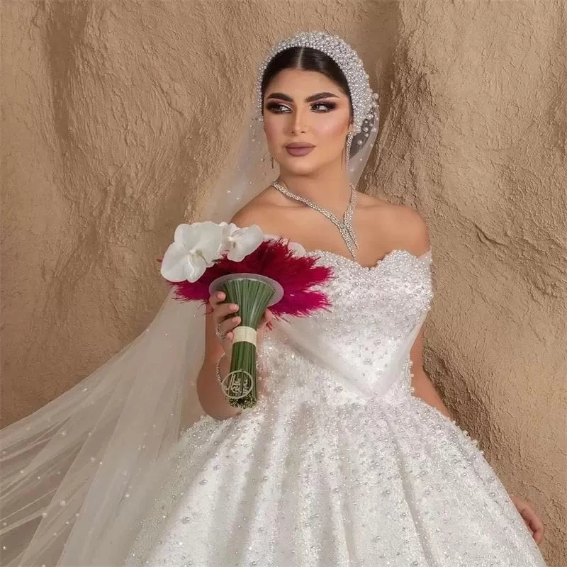 Сватбена рокля трапецовидна форма с тежки перли за арабските жени 2022, булчинска рокля с открити рамене, завързана пищна панделка, Vestidos Robe De Mariage