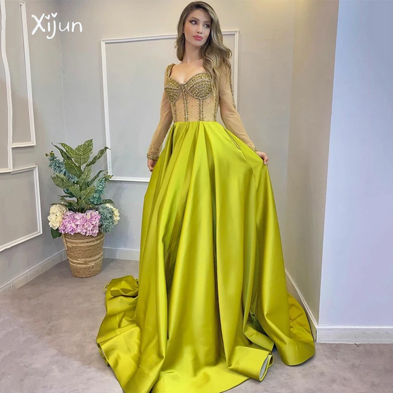 Xijun beading Жълти рокли за бала трапецовидна форма Прозрачна илюзия Сладка и Дълги вечерни рокли за жени 2022 вечерна рокля с дълги ръкави