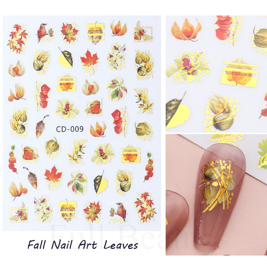 3D Златни листа Стикери за нокти на Есенни кленови листа, Цветя Стикери за нокти Переводные плъзгачи Декорации за нокти есенен маникюр TRCD