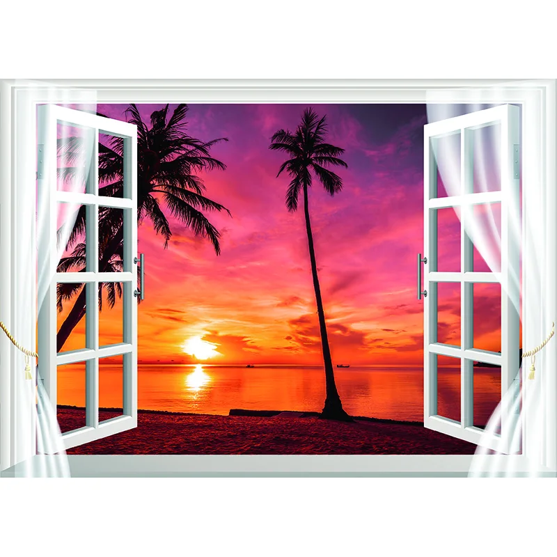 Виниловое прозорец по поръчка, плаж, кокосова палма, фонове, за снимки, реквизит, декорация, декорация на търговски център, на фона на фото студио, HH-17