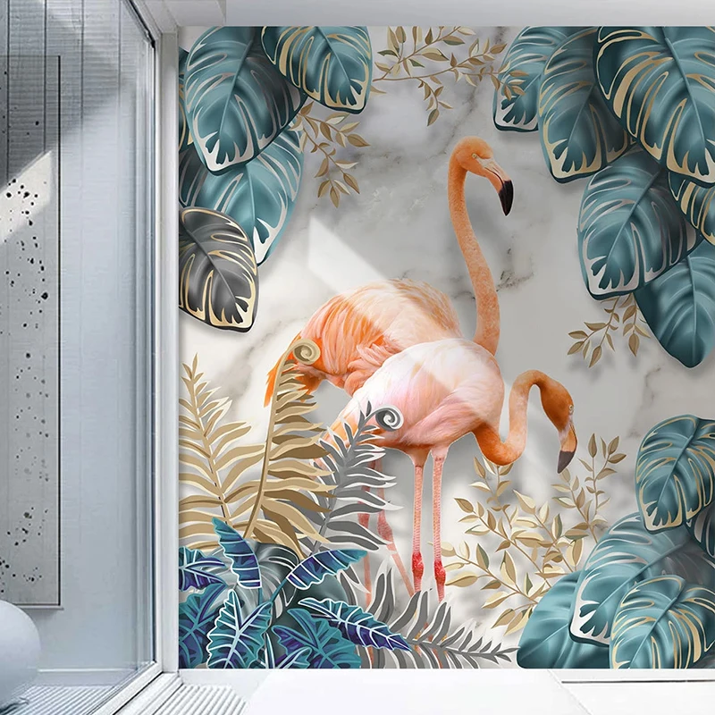 Потребителски 3D стенни тапети в европейски стил, стенни картини във формата на листа от тропически растения, фламинго, хол, спалня, вход, декорация на дома