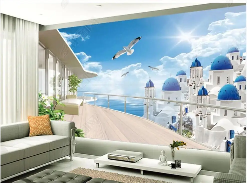 Потребителски фотообои 3d тапети Егейско крайбрежие, сграда, пейзаж на балкона, начало декор, 3d стенописи, тапети за стени, на рула