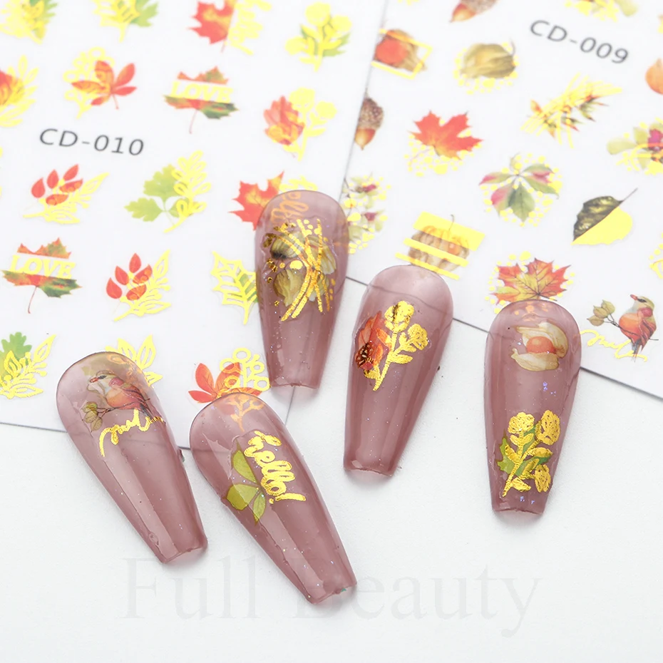 3D Златни листа Стикери за нокти на Есенни кленови листа, Цветя Стикери за нокти Переводные плъзгачи Декорации за нокти есенен маникюр TRCD