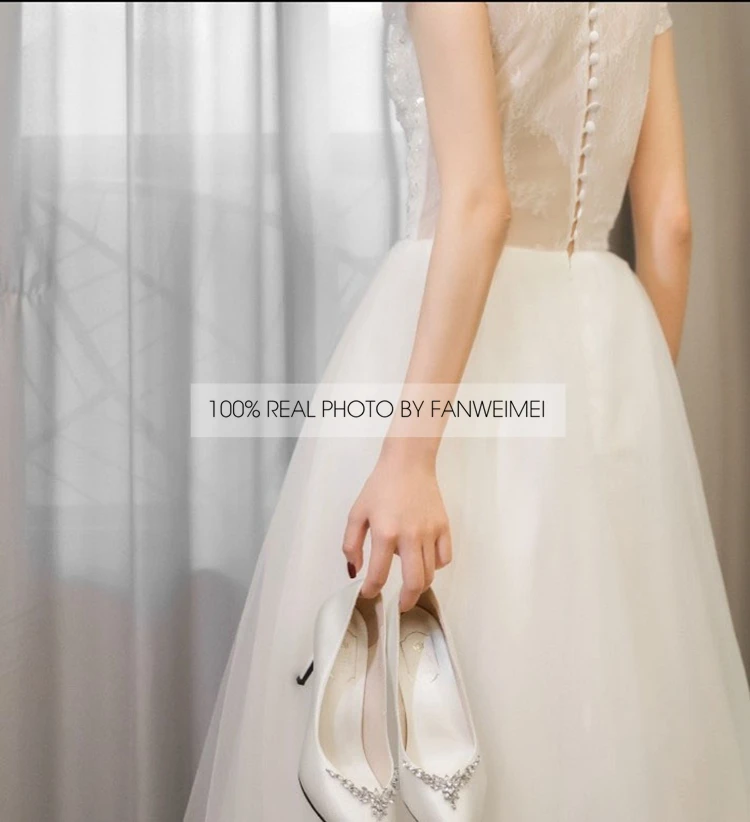 Сватбена рокля с високо воротом, расшитое дантела и мъниста сватбена рокля с къс ръкав, FANWEIMEI, истинска снимка, цена по цена на производителя #917