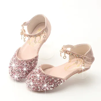Розово, сребристо-златни, три-цветни ежедневни обувки на плоска подметка с перлената на веригата за момичета, лъскави обувки на принцесата с кон