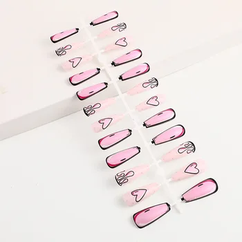 Дълги розови нокти набор от френски балет ковчег съвети мода сърцето на графити блестящ дизайн нокти DIY принадлежности кликнете върху етикет ноктите