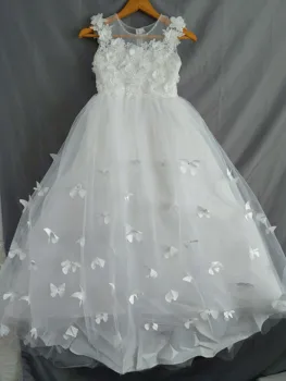 Рокля с цветя модел за момичета, апликация във формата на пеперуда, принцеса рокля за първо причастие, абитуриентски бал, сватбената рокля на шаферка с влак, вечерна рокля за момичета