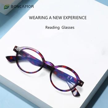 Boncamor Очила за четене за жени и мъже, модни кръгли лещи със защита от синя светлина, висококачествени леки очила по рецепта