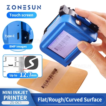 ZONESUN ZS-DC1 ръчно мастилено-струен принтер, преносима машина за кодиране дата 12,7 мм QR-код, щрих код, сериен номер, партида Опаковане на бутилки