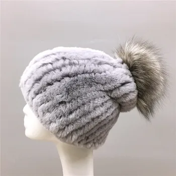 Дамски зимни шапки от естествена кожа заек Рекс, дамски топло вязаная кожа шапка с горна част от естествена кожа лисица H10