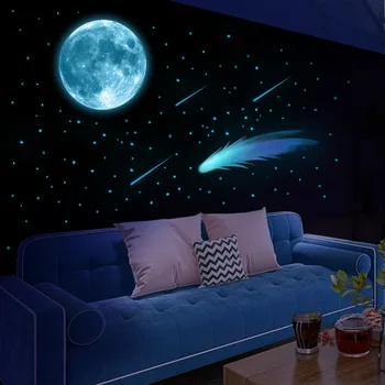3 бр., син светлинен лунен метеор, творчески мультяшные стикери за стена, хол, спалня, лесен кабинет, трапезария, стикери за стена