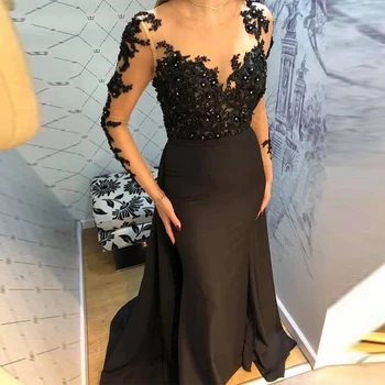 On Жу Секси черни вечерни рокли на Русалка с аппликацией от мъниста 2023 Елече с дълъг ръкав, официални рокли Robe De Soiree