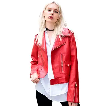 Модерна нова есенна червено кожено яке, дамски къси якета от изкуствена кожа с отложным яка, коварен мотоциклетное байкерское черно кожени палта