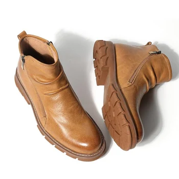 US 6-10, мъжки нагънат ботуши за езда, естествена кожа, през цялата чорап, с цип, Челси, мъжки удобни обувки