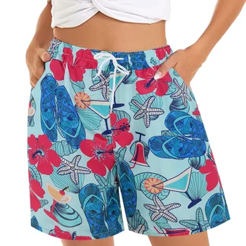 Дамски шорти, богемные ежедневни панталони, удобни летни плажни шорти, еластичен колан с флорални принтом и 2 джобове, P5