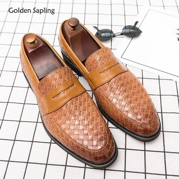 Мъжки модел обувки Golden Sapling, Ежедневни Бизнес Лоферы на равна подметка за Почивка и Партита, Дизайнерски Мъжки Обувки от кариран Кожа, Официална Сватба Лоферы