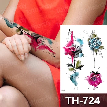 временна татуировка на роза, виолетов цвят, син божур, акварел, водоустойчив временна татуировка на ръкава, модни татуировка за боди-арт, момиче