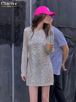 Clacive Модни Дамски Рокли с пайети, 2023, Дебнещ Мини-рокля с кръгло деколте и дълъг Ръкав, в Елегантна Тънка Прозрачна Вечерна Рокля