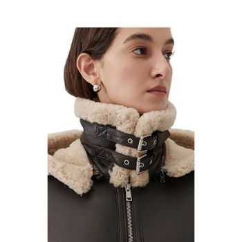 Дамски зимни якета-бомберы от естествена овча кожа, кожени палта, двустранен кожа връхни дрехи, черна дълга яке с качулка