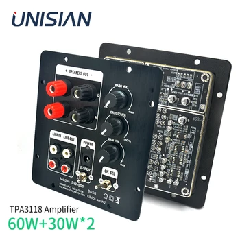 UNISIAN TPA3118 Аудио Усилвател 60 W + 30 W + 30 W 2,1 Канал Цифров Усилвател и Субуфер за Домашно Аудио Говорител с Метален Панел