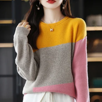 Жена пуловер 2022, нов модерен вязаный скок с кръгло деколте, пуловер от 100% чиста вълна, пуловери с дълъг ръкав, дамски ежедневни пуловер в стил мозайка