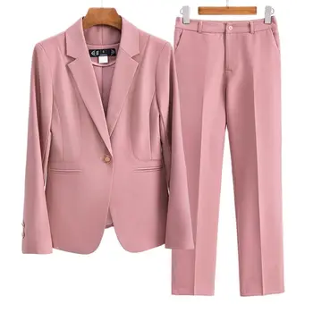 Lenshin, висококачествени женски брючный костюм от 2 теми, модерен официален жена офис розово бизнес блейзър на една пуговице с панталони