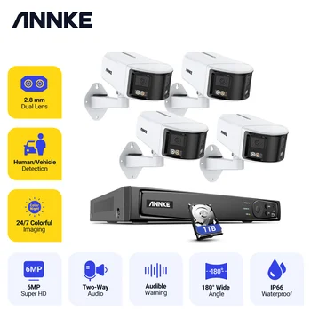 ANNKE 6-мегапикселова камера за безопасност с двойна леща, 8-канален видеорекордер Ultra HD POE Ai, комплект за видео наблюдение с откриването на човека, панорамен на 180 градуса