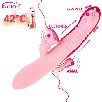 Нагревателен вибратор със заек, 20 степени, вибратор за лизания език, орален секс, вагина, анален стимулация, телескопични секс играчки за жени