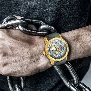 Кварцов ръчен часовник Модерен мъжки часовник с водоустойчив силиконов каишка, европейски стил, часовници с 3D резным циферблат във формата на дракон