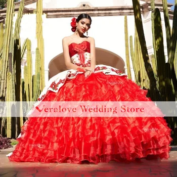 Мексикански буйни рокли с аппликацией, пищната пола от органза, милото 16 рокля, vestidos de 15, бална рокля в испански стил, рокли за абитуриентски бал