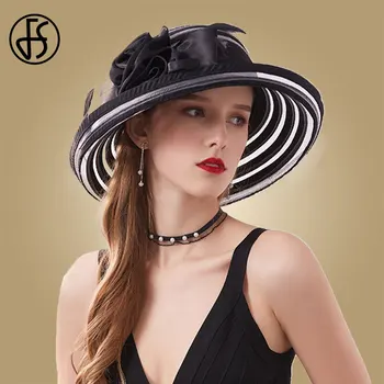 FS Черен филц шапки с широка периферия, църковни шапки, лятна дамска шапка 2020, бели елегантни слънчеви шапки с голямо цвете, сгъваеми