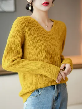 Висококачествен женски ефектен пуловер, пуловер от 100% мериносова вълна, вълнен трикотаж с V-образно деколте, дамска есенно-зимна елегантен дрехи, блузи