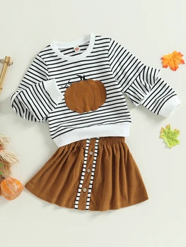 Сладък костюми за малките момичета за Хелоуин, пуловер с дълъг ръкав на райета и накъдрен, потници, тениски, поли, комплект есенни дрехи за есента