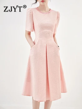 ZJYT, модни дамски розови жакард рокли, бродирани с мъниста, лято 2023, елегантни, ежедневни вечерни рокли с къс ръкав, женски обикновена халати