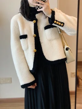 2023, Нова зимно яке, дамски однобортная палто от естествена вълна с кръгло деколте, свободно, гъста, топла, модни градинска облекло E635