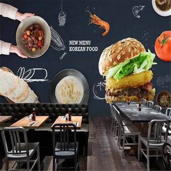 Обичай западен ресторант за бързо хранене, на фона на стенни картини, тапети, 3D закусвалня, Хамбургери, пица, пържени картофи, тапети, бургери 3D