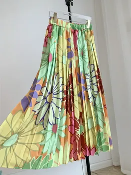 Дамски дълга пола с разноцветни принтом семки, плиссированная, с висока талия