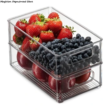 Прозрачен штабелируемый пластмасов органайзер за съхранение на продукти с Кухненски хладилник с дръжки за Шкафове за склада Прозрачен рафтове за съхранение на продукти