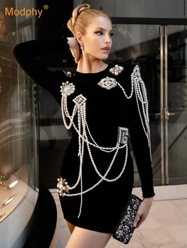 Modphy 2023 Ново дамско бандажное мини рокля с дълъг ръкав, расшитое перлата на мъниста, за партита, луксозно дебнещ черна рокля, елегантно Vestido