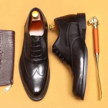 Класически Нови Мъжки Бизнес Oxfords, Увеличаване на Растежа, Луксозни Обувки от Естествена Кожа 2023, Качествени Черни Броги Ръчно изработени Сватбени Обувки