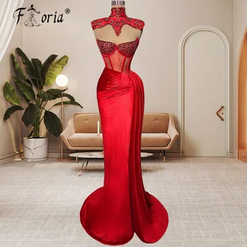 Червено елегантна вечерна рокля Русалка с високо воротом, без ръкави, расшитое мъниста, абитуриентски рокли за сватба, вечерна рокля за специални случаи, халат за баня
