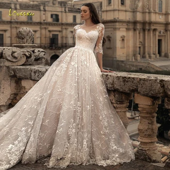 Loverxu Vestido De Новия, дантелени реколта сватбени рокли с къс ръкав, 2023, сексуална иллюзионные апликации, сватбени рокли трапецовидна форма с влак в параклиса