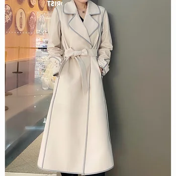 2023 Пролетно-есенен стил, чувство за дизайн, модерен темперамент, просто приталенная засаждане, обвързването на талията, кожени палта за жени на средна дължина