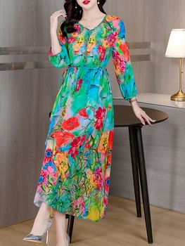 2023 Женски midi коприна на роклята в стил бохо с цветен модел, пролет-лято, елегантна лесно модно шифоновое ежедневна рокля с пеперуда за плаж, почивка Luxo
