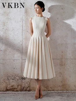 VKBN, пролетно-есенни рокли 2023, дамски рокли, с кръгло деколте, без ръкави, шарени вълнени елегантна празнична рокля