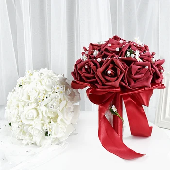 1 бр. имитационный букет, полистирен ръцете на булката, держащие цветя, Сватбен букет рози от коприна сатенена панделка, перлени аксесоари за сватбени партита