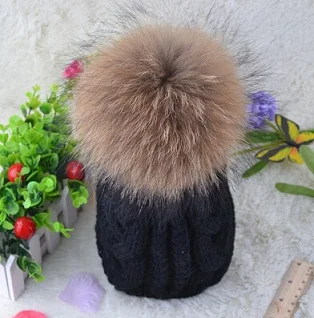 Есенно-зимни дамски утепленная термоскрученная вязаная капачка супер голяма топка от кожа на миеща мечка, вязаная кожа шапка, Тюбетейки, Шапки