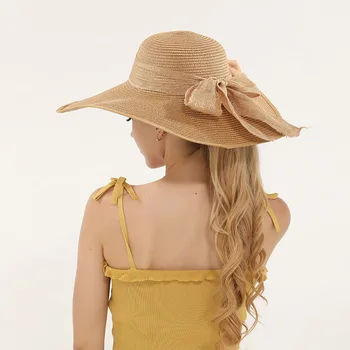 Лятната сламена шапка с лък и панделка, шапка с голяма периферия, дамска шапка в бохемски стил, приморски козирка, елегантна мода