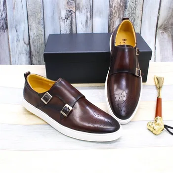 Луксозна ежедневни кожени обувки за мъже, нови малки бели обувки в британски стил от телешка кожа, с двоен обтегач, ежедневни мъжки обувки големи размери A19