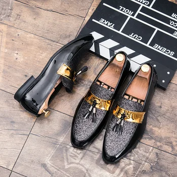 Гореща разпродажба, мъжки обувки на равна подметка, черна и златна официалната обувки в стил мозайка, кожена ежедневни мъжки обувки